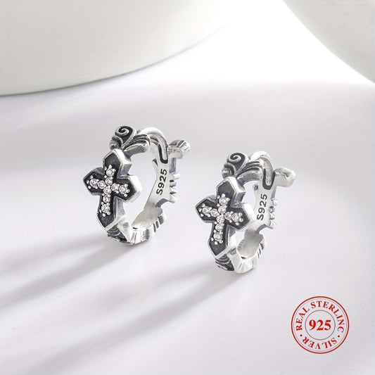 Sterling 925 Silver Cross Pattern Zircon Hoop Earrings