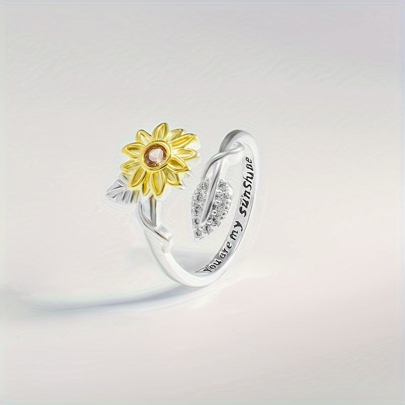 925 Sterling Silver Sunflower Wrap Ring, Zircon Inlaid